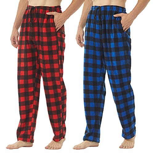 2-3 Pack Mens Pajama Pants Mens Fleece Plaid Lounge Pajama Bottoms Sleepwear Pjs with Pockets X-Large 2 Pack-red-Blue