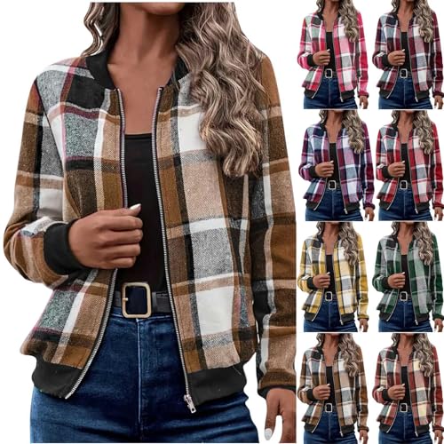 Womens Plaid Zip Up Cardigan Sweater Lightweight Bomber Style Jacket Fall Fashion 2025 Long Sleeve Blouse A01 Brown Large