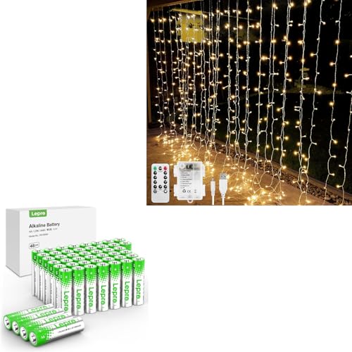 Lepro Bundle - AA Batteries 48 Pack & Battery or USB Powered Curtain Sting Lights