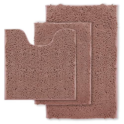 Chenille Bathroom Rugs Set 3 Piece Bath Mats for Bathoom Non-Slip Luxury Bathroom Rug Extra Soft and Absorbent Shaggy Rugs Washable Dry Plush Area Car