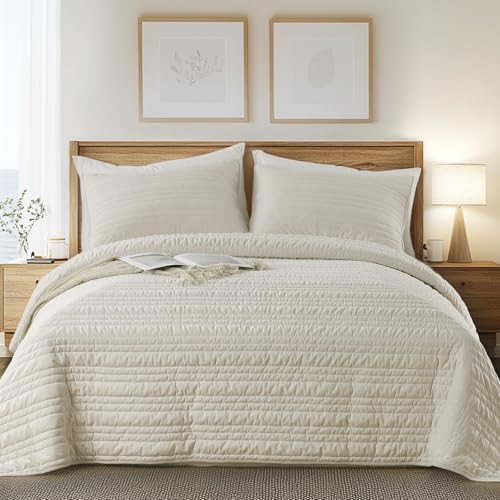 KASENTEX Queen Size Quilt Set, 3 Pieces Ultra-Soft Bedspread Coverlet with 2 Pillow Shams, Lightweight Bedding Set,Line Stitch Geometric, Machine Wash