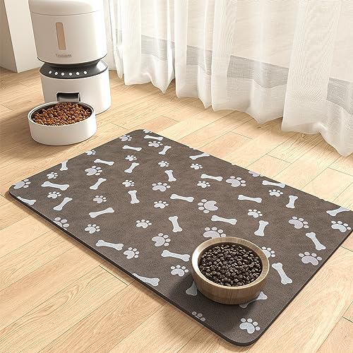 MontVoo Dog Food Mat-Large Pet Feeding Mat for Food and Water-No Stains Quick Dry Dispenser Cat Bowl Mat for Messy Drinkers(23"X34" Brown)