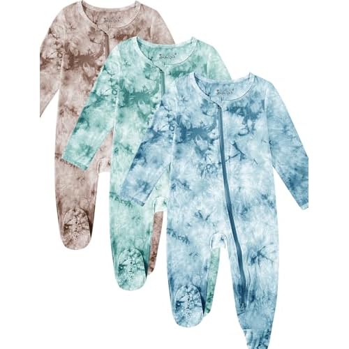 Jimonda Baby Girls Boys Footed Pajamas,Rayon From Bamboo,2 Way Zipper Long Sleeve Soft Sleeper Pjs,Infant Tie-dye Romper Blue&green&coffee 12-18 Month