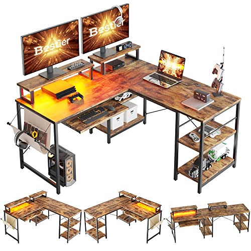 Bestier 95" L Shaped Gaming Desk with Led Light, Computer Corner Desk or 2 Person Long Table with Shelves Monitor Stand and Keyboard Tray for Home Off
