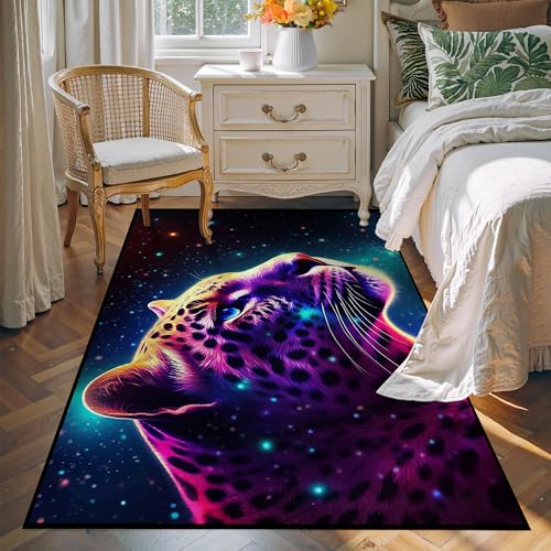 Galaxy Leopard Rug Large Fierce Panther Head Area Rugs for Boys Kids Bedroom Living Room Gameroom Girls Glitter Carpet Floor Mat Throw Rugs 71 in x 47