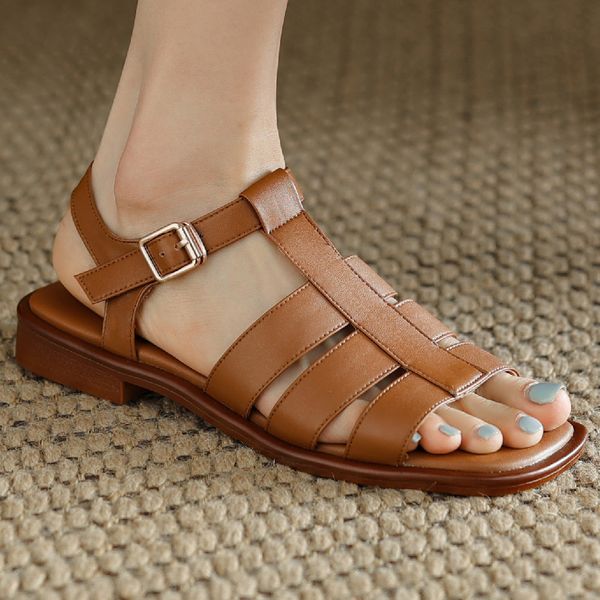genuine Women&#039;s leather narrow band open toe summer flats sandals female soft comfortable casual daily footwear shoes for women d9be