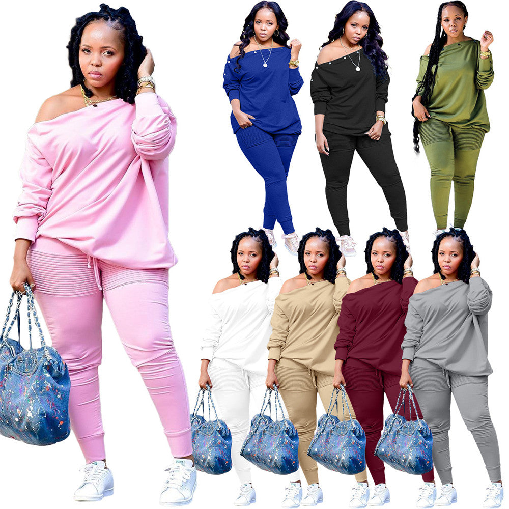 Plus size 3XL 4XL Outfits Women Tracksuits Two Piece Set Fall Winter Long Sleeve Skew Collar Pullover Top and Pants Casual Sweatsuits Solid Sport su