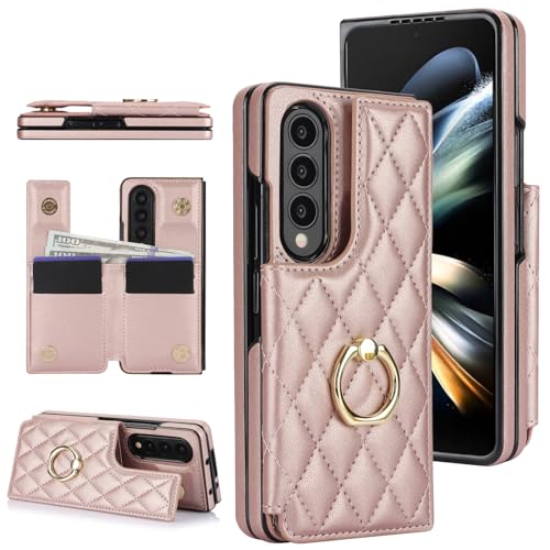 for Samsung Galaxy Z Fold 4 Wallet Case with Ring and Credit Card Holder, Cash Slot, Premium Diamond Leather Magnetic Clasp Kickstand Heavy Duty Prote
