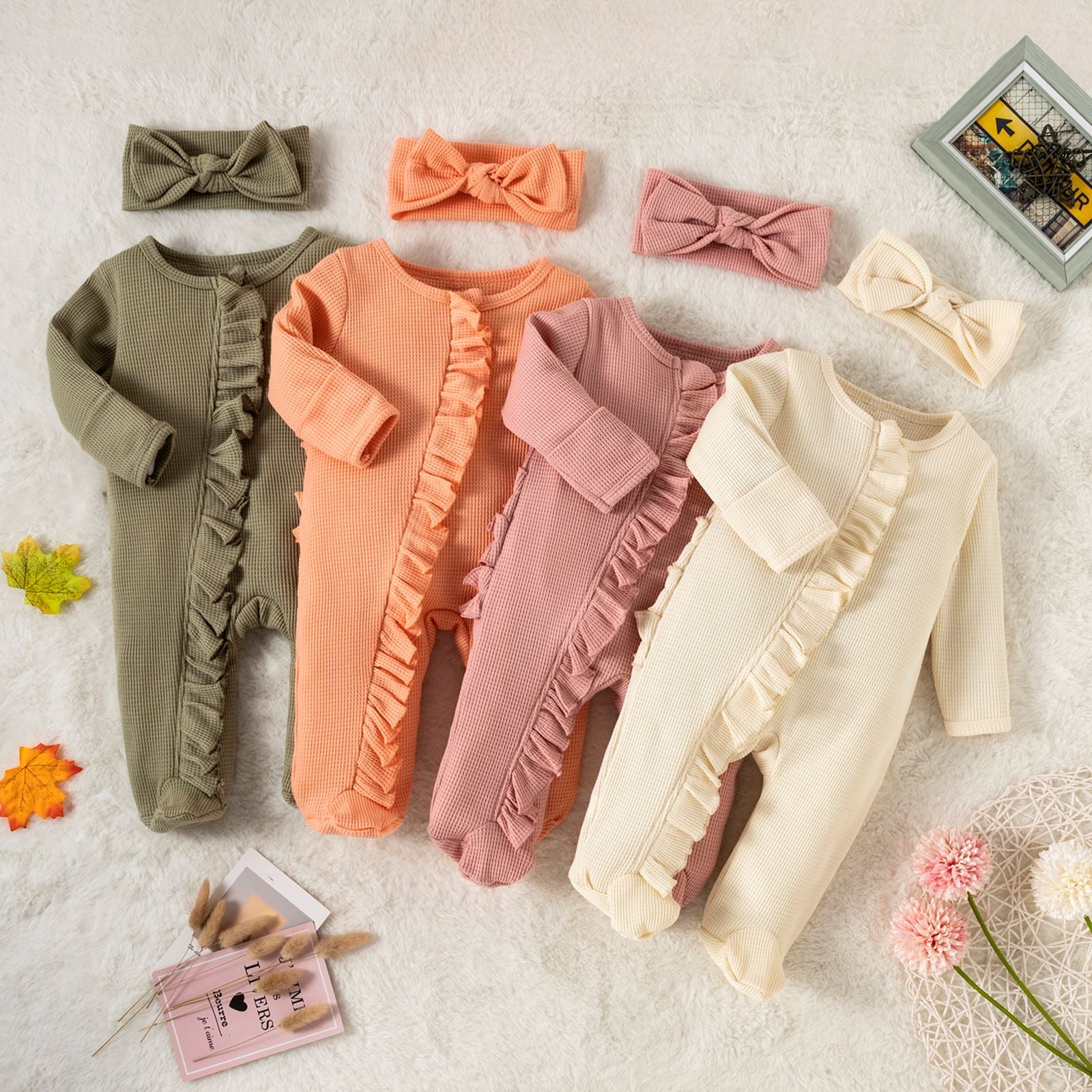 w468 Infant BabyGirl Footies Rompers Solid Color Long Sleeve Jumpsuits Winter Fall Clothes Bodysuits with Headband