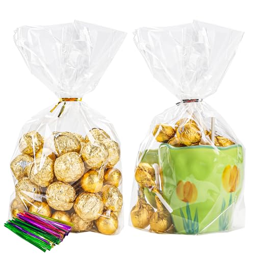 50 Pack Cellophane Bags, Clear Flat bottom Cellophane Treat Bags with 50 Pack Twist Ties for Candy Popcorn Cookie Small Gift Wrapping(6×9×2.4 Inches