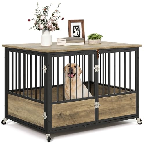 YITAHOME 43.3" Dog Crate Furniture with Wheels, Heavy Duty Wood Dog Cage Table with Double-Doors Chew-Resistant Wooden Dog Kennel Indoor for Large and