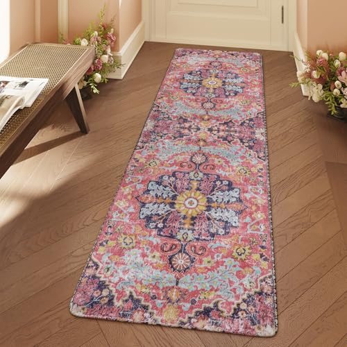 Lahome Bohemian Floral Medallion Runner Rug - 2x6 Hot Pink Hallway Runner Laundry Mat, Machine Washable Non-Slip Soft Indoor Carpet for Bathroom Bedsi