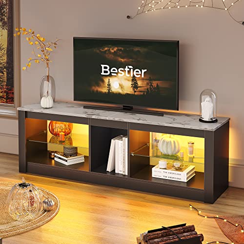 Bestier White Marble TV Stand LED Entertainment Center Gaming TV Stand for 55 Inch TV RGB Television Stand with 2 Adjustable Glass Shelves Xbox PS4 Ga