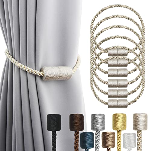 6 Pack Beige Strong Magnetic Curtain Tiebacks Outdoor Elegant Decorative Tie Backs Modern Rope Tiebacks for Drapes Window Curtain Holdbacks for Draper
