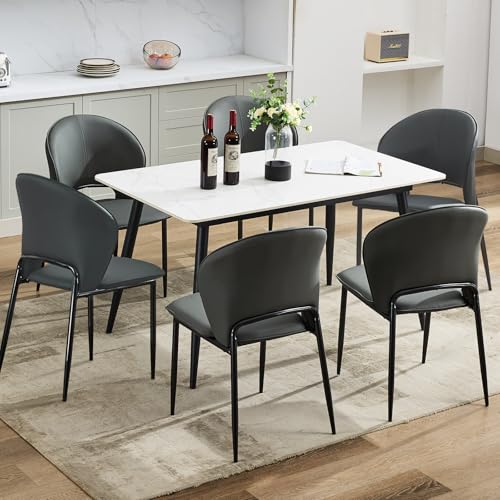 Dining Chairs Set of 6 Mid Century Modern Upholstered Chair with Metal Legs Faux Leather Mid-Back Accent Chair for Kitchen and Dining Room (Grey,6 Pac