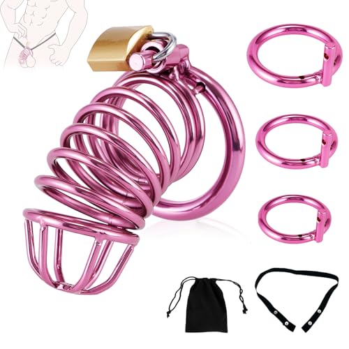 Chastity Cage - Male Chastity Devices with Chastity Belt, 3 Sizes Rings (1.57", 1.77", 1.97"), 2 Keys & 1 Lock, Purple Cock Cage, Large Stainless Stee