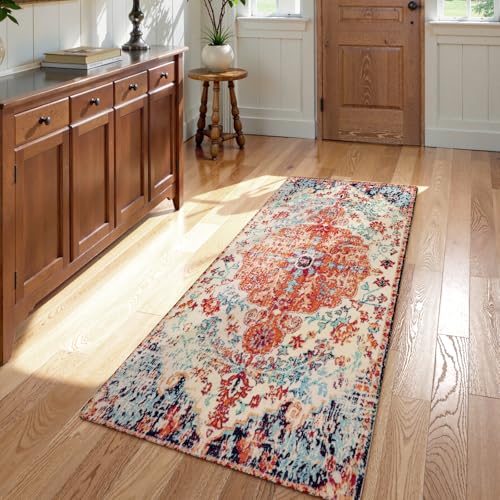 Lahome Bohemian Floral Medallion Runner Rug - 2x4 Washable Laundry Room Hallyway Runner Rug Doormat,Oriental Distressed Faux Wool Non-Slip Bath Mat Lo