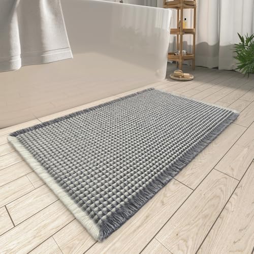 Upgraded Waffle Bath Mat, Super Absorbent Non Slip Bath Mats for Bathroom Floor, Machine Washable Bathroom Rugs with Tassels, Rubber Backed Bathroom M