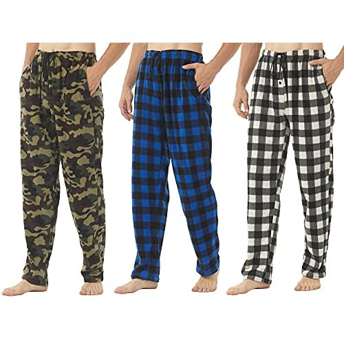 2-3 Pack Mens Pajama Pants Mens Fleece Plaid Lounge Pajama Bottoms Sleepwear Pjs with Pockets Medium 3 Pack-blue-Gray&white-Camo