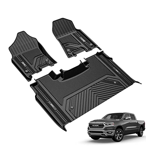 3W Floor Mats Fit for 2019-2024 Dodge Ram 1500 Crew Cab New Body (NOT Classic Models) with Original Storage All Weather TPE Accessories Custom Fit Dod