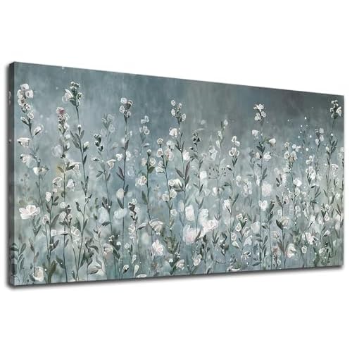 NINEASO Abstract Flower Wall Art - Elegant Translucent White Wildflowers Pictures Botanical Wall Decor Grey Blue Green Bloom Painting Prints Artwork f