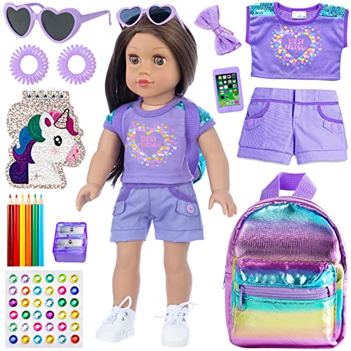 18 Inch Girl Doll Clothes and Accessories School Supplies Playset with Clothes,School Bags, Sunglasses, Pencils, Pencil Sharpener, Notebooks, Phone, H