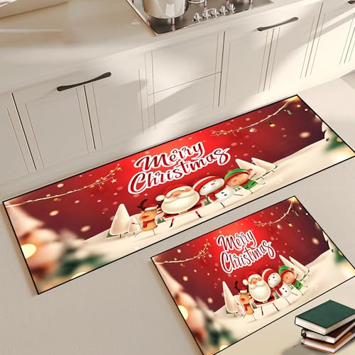 Christmas Kitchen Rugs Sets of 2, Merry Christmas Floor Mats Santa Claus Snowman Reindeer Non-Slip Washable Snowflakes Xmas Rug Doormat Indoor Home De