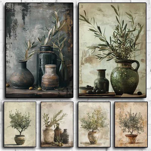 Mediterranean Antique Olive Branch Green Plant Rustic Kitchen Elegant Vase Poster Canvas Painting Wall Picture This Decor Y250122