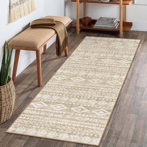 Lahome Boho Geometric Washable Runner Rug, 2x6 Low-Pile Tan-White Non Slip Washable, Rustic Print Pattern Soft Bedroom Carpet Runner 6ft for Entryway