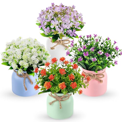 Der Rose 4 Pack Fake Flowers Small Artificial Faux Plants Indoor Summer Spring Decor for Centerpiece Table Decorations Home Office Desk Wedding Apartm