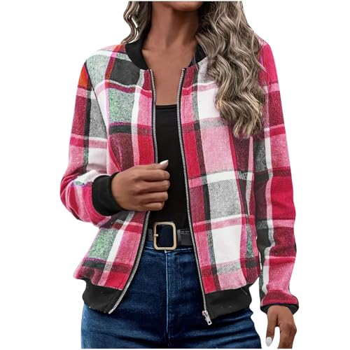 Womens Plaid Zip Cardigan Lightweight Bomber Style Sweater Autumn Fashion Long Sleeve Blouse Top A01 Hot Pink XX-Large