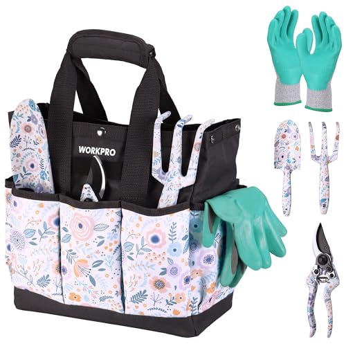WORKPRO 5PCS Garden Tool Set, Aluminum Heavy Duty Gardening Tool Set with Bag, Outdoor Garden Hand Tools, Gardening Gifts White with bag