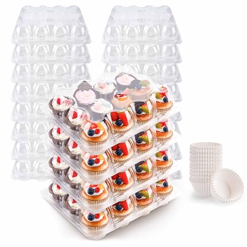 12 Count Cupcake Containers 20 Pack Cupcake Holders Plastic Stackable Cupcake Boxes with Detachable Tall Dome Lids and 240 Liners for 240 Cupcakes, BP