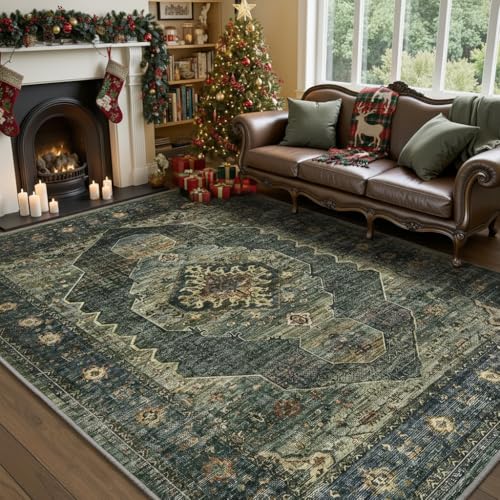 Olive Green 9x12 Area Rugs for Living Room Bedroom Rug Washable Vintage Neutral Farmhouse Rug Carpet Dining Room Rugs Office Retro Oriental Easy Clean