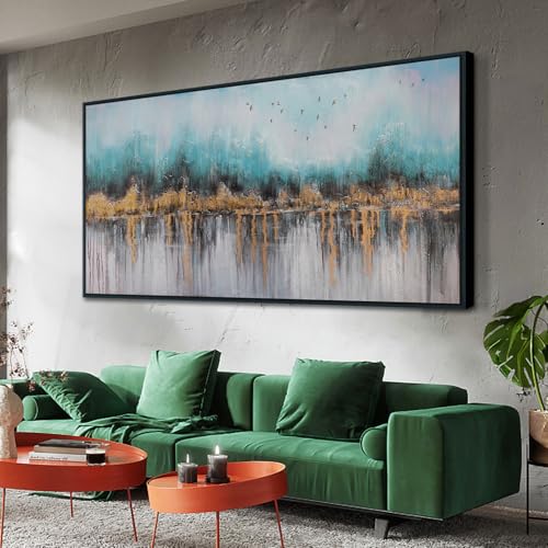 Ardemy Abstract Wall Art for Living Room Extra Large Landscape Teal Canvas Art Framed Wall Decor Painting Bedroom Turquoise Grey Textured Picture Artw