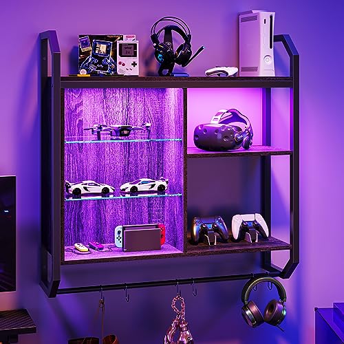 Bestier Gaming Floating Shelves, 34" LED Wall Mounted Shelf with Adjustable Glass Shelf, Pipe Shelves Hanging Display Rack Bookshelf with 6 S-Hook, Ga