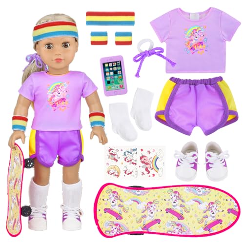 American 18 Inch Doll Skateboard Outfit Set for - 11pcs Fashion Doll Clothes and Accessories Sports Stuff for Doll