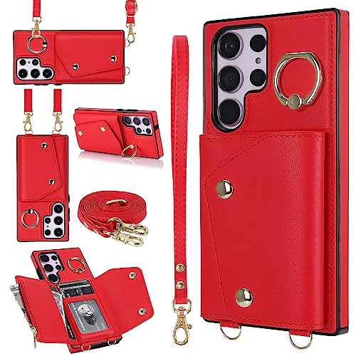 for Samsung Galaxy S25 Ultra Luxury Zipper Wallet Case with Ring, Multi Card Holder Adjustable Crossbody Strap, Fashion Wallet Bag.(Red) Red S25 Ultra