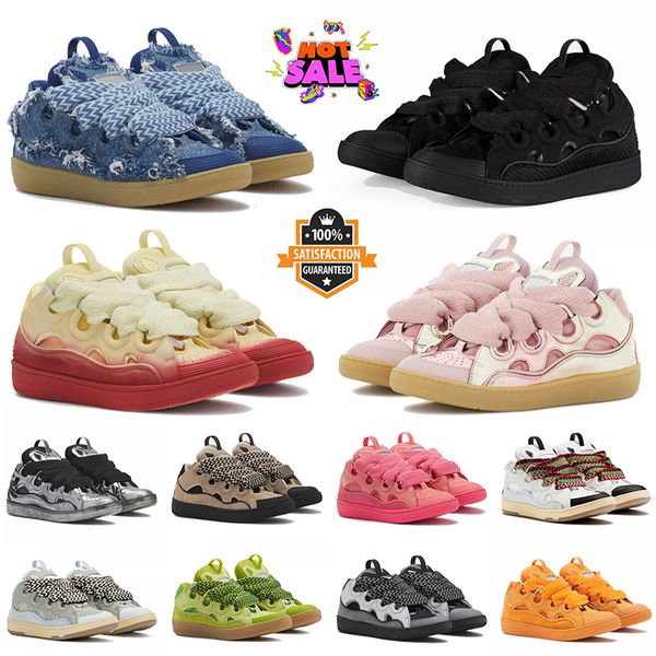 Luxury 2024 Leather Curb Sneakers Designer Casual Dress Shoes Women Mens Denim Blue embossed Mother and Child Nappa Calfskin Platform Double