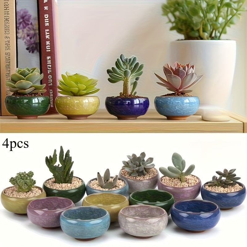 TEMU 4pcs Fashion Handmade Ceramic Plant Planters With Drainage Holes, Assorted Crackle Glaze Plant Containers For Tabletop Decoration And Gifts For