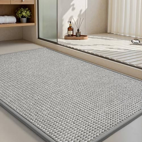 MontVoo Bathroom Rugs Non Slip Bath Mat Chenille Absorbent Bathroom Mat Quick Dry,Washable Rubber Backing Bath Mats Ultra Thin Bath Rug Fit Under Door