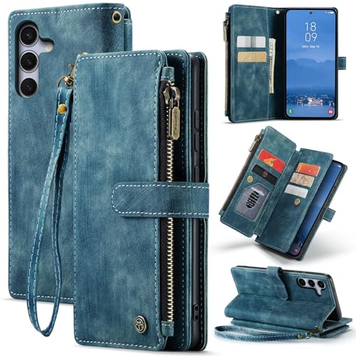 for Samsung Galaxy S25 Wallet Case with 7 Card Holder Slots Magnetic Zipper Pocket Pouch Flip KicStand Durable Premium Leather PU with Lanyard Strap W