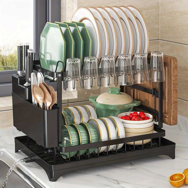 Utensil Racks 1pc Dish Rack Double Layers Space-saving Dish Drying Rack With Drainboard And Utensil Holders Multifunctional Large Capacity D