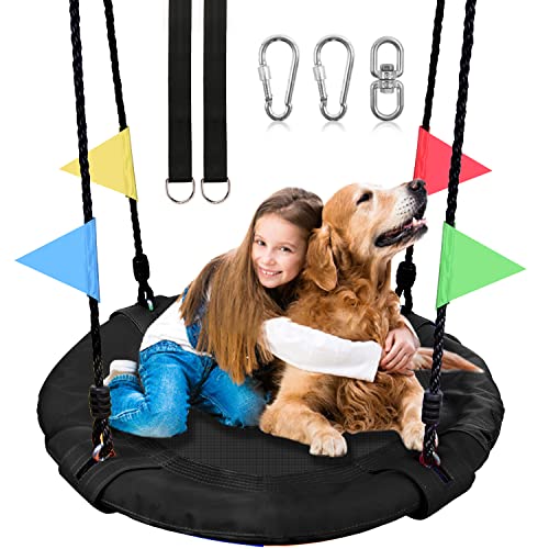Odoland Outdoor Kid Tree Swing - 900D Waterproof Oxford Platform Round Flying Saucer Swing for Backyard wirh Adjustable Hanging Ropes for 2-3 Kids Bla