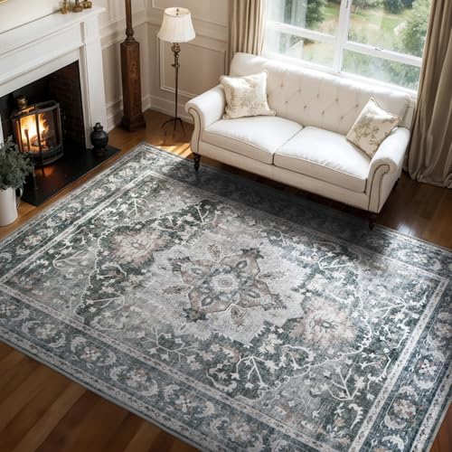 Grey Large 9x12 Area Rugs for Living Room Rug Bedroom Rug-Carpet Washable Neutral Vintage Dining Room Rugs for Under Table Soft Comfortable Non Slip C