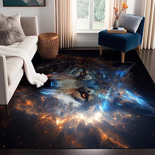 5' x 7' Galaxy Wolf Rug Fierce Animal Area Rugs Washable Funny Non Slip for Kids Bedroom Living Room Throw Rugs Carpet Durable Floor Mats Door Pad Hom