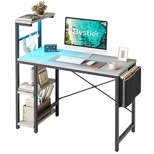 Bestier Computer Desk with 4 Tiers Shelves, Gaming Desk with LED Lights, 44 Inch Office Desk with Storage Bag & Printer Shelf (Retro Grey Oak) 44 Inch