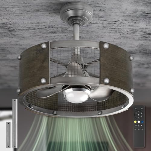 19 Inch Farmhouse Caged Ceiling Fan, Solid Wood&Metal Frame, Industrial Fandelier with Light & Remote Control, Low Profile-Dimmable-6-Speed-Reversible