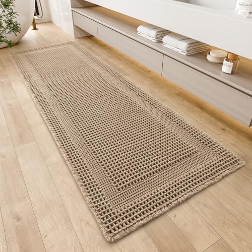 AMOAMI Waffle Bath-Mat, Absorbent Bath Mats for Bathroom Non Slip, Machine Washable Bathroom Rugs with Tassels Ultra Soft Boho Bath Rugs for Floor 2'x