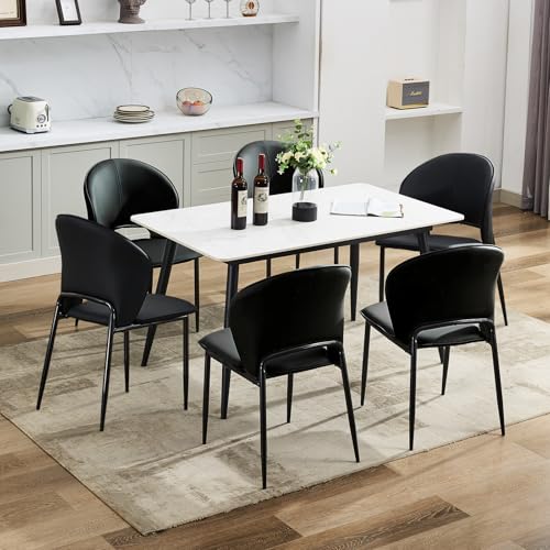 Dining Chairs Set of 6 Mid Century Modern Upholstered Chair with Metal Legs Faux Leather Mid-Back Accent Chair for Kitchen and Dining Room (Black,6 Pa